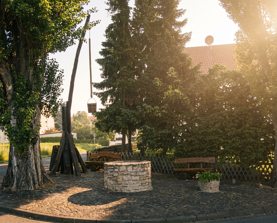 Der Klotzbrunnen am Abend: steinerner Rundbrunnen mit hölzernem Schwengel auf dem gepflasterten Anger, daneben Bänke unter alten Bäumen